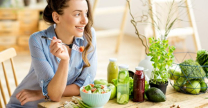 Versatility with professional teeth whitening woman eating healthy food