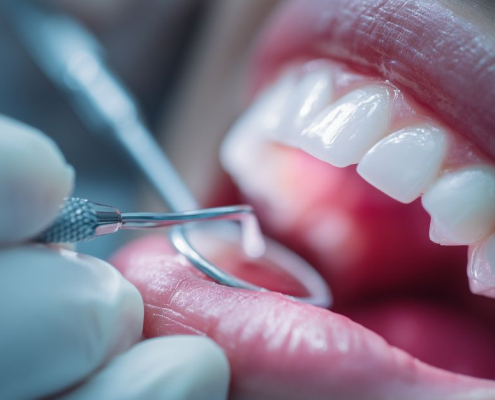 A dentist using professional tools to examine a patient's healthy dental implants and teeth.