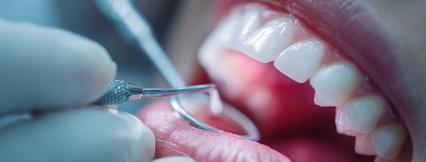 A dentist using professional tools to examine a patient's healthy dental implants and teeth.
