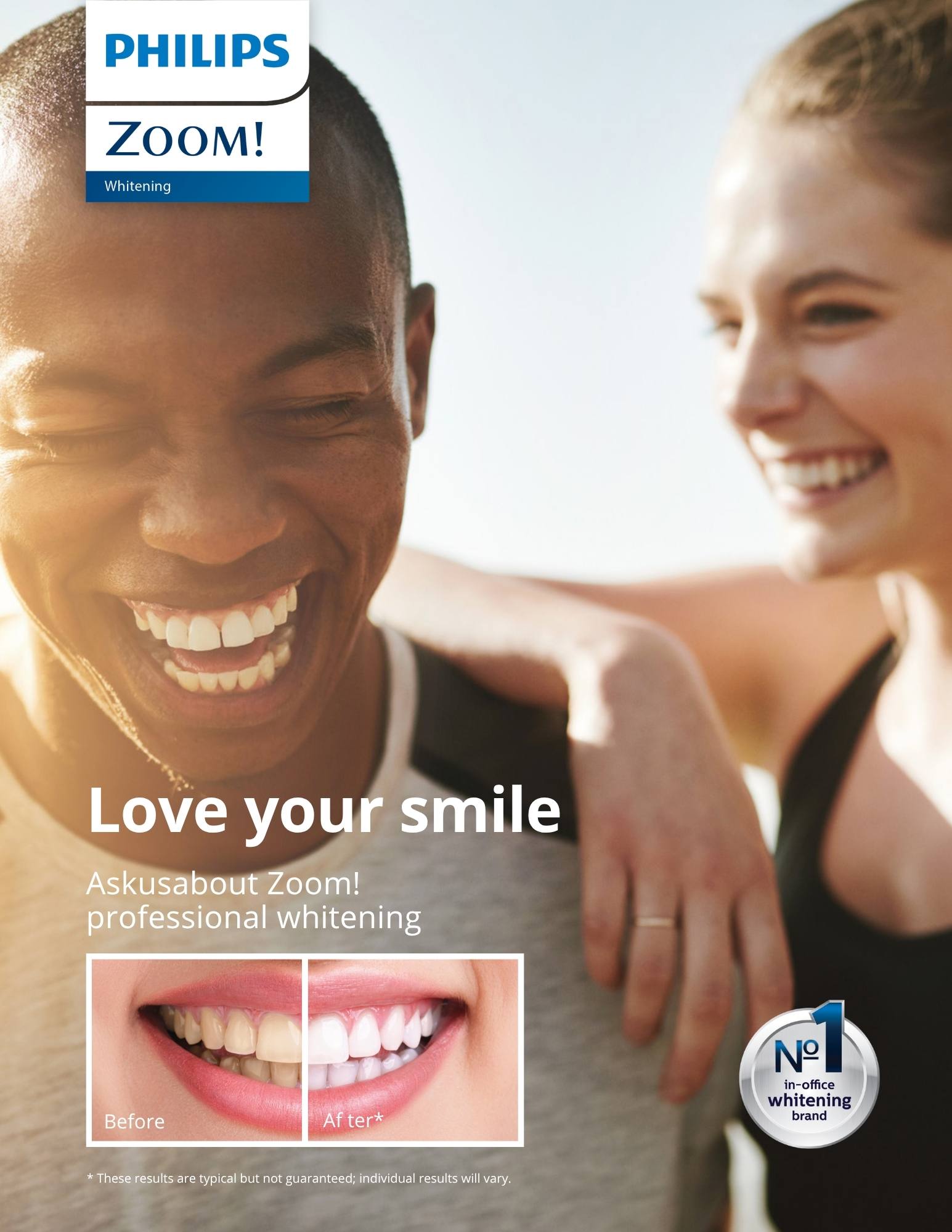 Philips Zoom! advertisement showcasing a "before and after" smile transformation.
