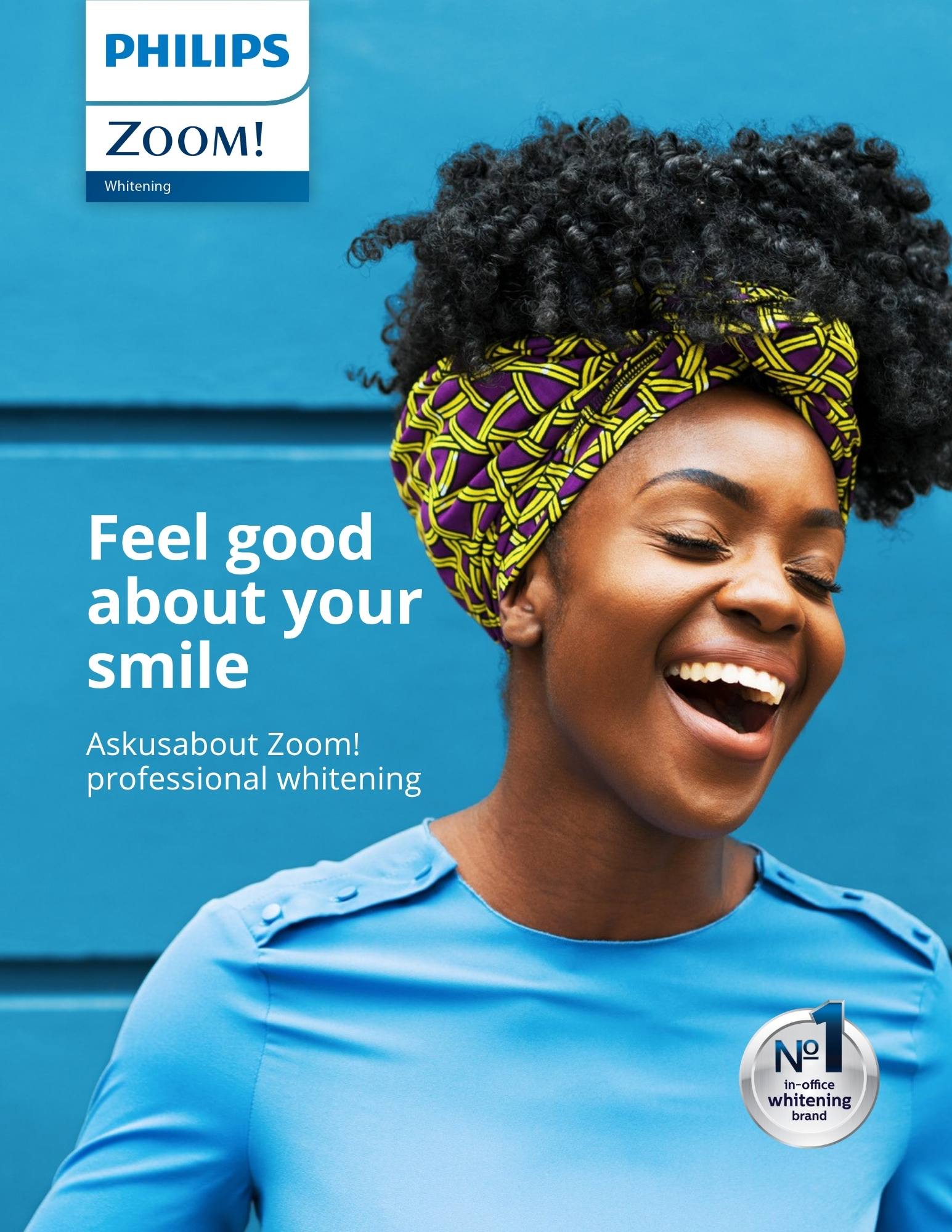 Philips Zoom! professional whitening advertisement featuring a woman with a vibrant, healthy smile.